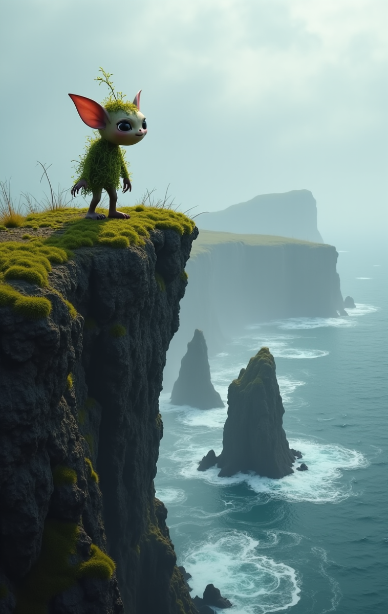 A fantastical scene featuring a mythical creature from Icelandic folklore, such as a huldufólk elf o_659787