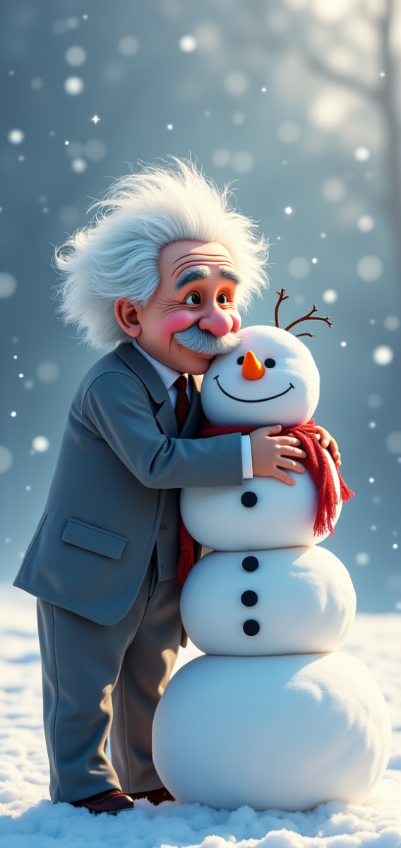A whimsical scene featuring Albert Einstein warmly hugging a snowman and giving it a gentle kiss on _502358
